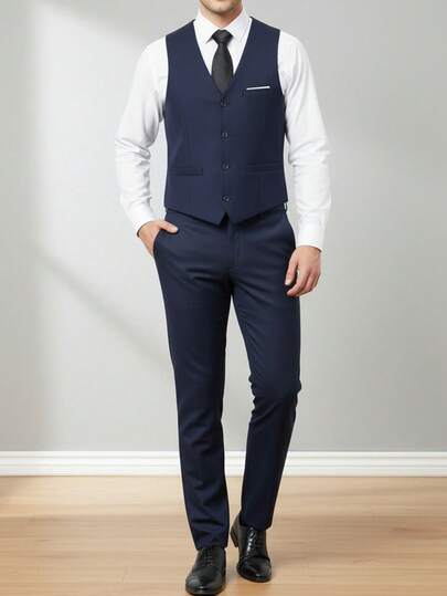 Furuyal 男士三件套西装，优雅纯色修身绅士套装，包含马甲、西裤和领带，适合商务、婚礼、派对、舞会等场合，藏蓝色，尺码 XS-3XL，秋季服装