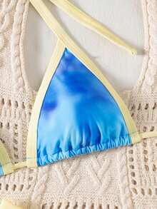 Bộ bikini Suntide với họa tiết bầu trời xanh và viền tương phản, cúp ngực tam giác, đồ bơi hai mảnh dành cho nữ, thích hợp cho kỳ nghỉ biển. - Màu xanh nhạt - Xem 4
