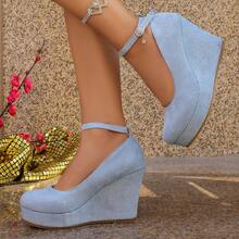 女士厚底高跟鞋，春秋新款低帮透气防滑搭扣防水加厚鞋底时尚增高鞋，适合娇小身材 - 藍色 - 查看 11