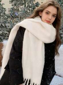 1pc Women's Winter Scarf, Black Faux Cashmere Poncho, Thick & Warm, Women's Fashion Solid Color Tassel Fleece Scarf, Outdoor Ladies Shawl - A - View 8