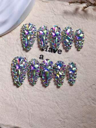 10pcs Handmade Short Almond K9 AB Crystal Diamond Covered False Nails, Glowing And Sparkling For Parties, DIY Nail Art Supplies Suitable For School/Holiday Parties/Weddings/Daily Wear, Sweet Girl Daily/Girlfriend Meetup