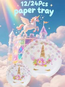 12/24/48 Piece Set, Disposable Tableware With High-End Texture, Unicorn Themed Disposable Paper Tray, 7-Inch Paper Tray, 9-Inch Paper Tray, Food Tray, Party Tray, Material, Suitable For Weddings - Multicolor - View 2