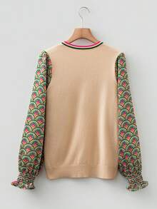 Acelitt Áo len nữ cổ tròn tay phồng bất đối xứng in họa tiết quả mơ, thích hợp cho mùa thu. - Màu be - Xem 5