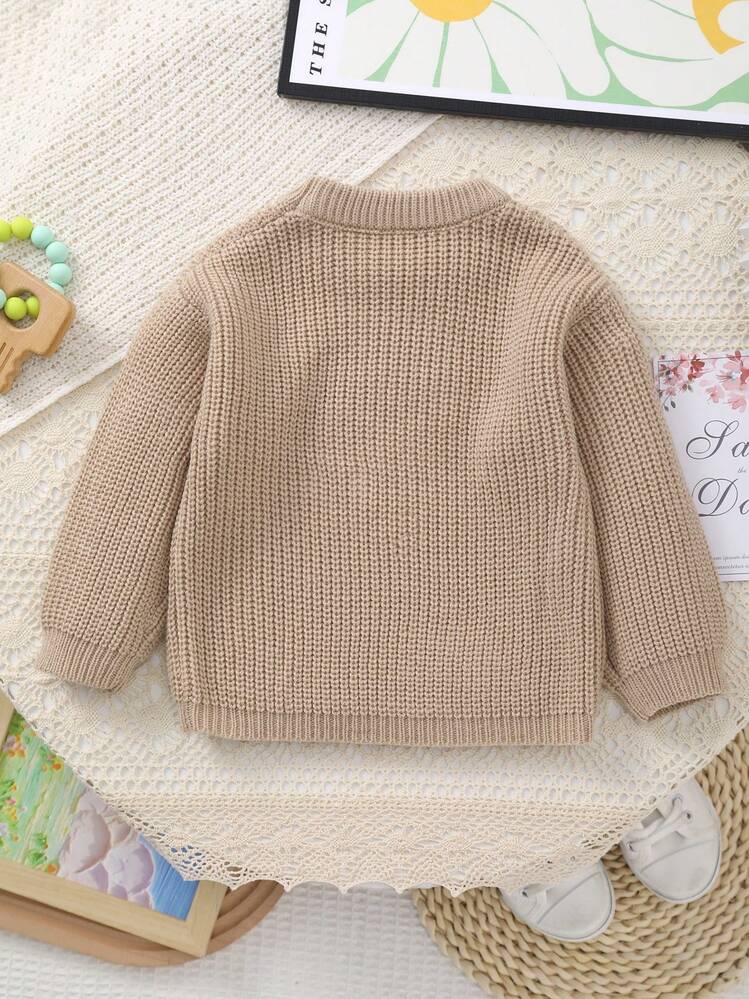 Girls Knitted Sweater With Delicate "Big Sister" Embroidery And White Floral Pattern, Soft And Warm - Khaki - View 7