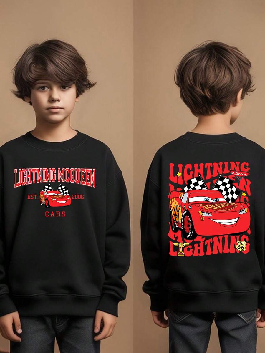 Disney "Cars" Children's Hoodie: Red And White Racing Elements Restore The Classic Animation, Front And Back Prints, Suitable For Both Boys And Girls, Perfect For Festivals, Machine Washable, Casual And Versatile. - 黑色 - 查看 1