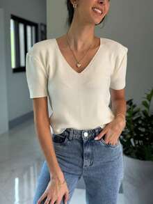 Modal Knit Blouse With V-Neck - Summer 2026 - Blanco - Ver 1
