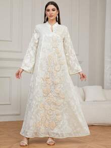 Solessence 女士优雅卡夫坦长袍，V领，刺绣，串珠，长款贾拉比亚长袍，适合宴会、约会、日常穿着和居家穿着。 - 杏色 - 查看 5