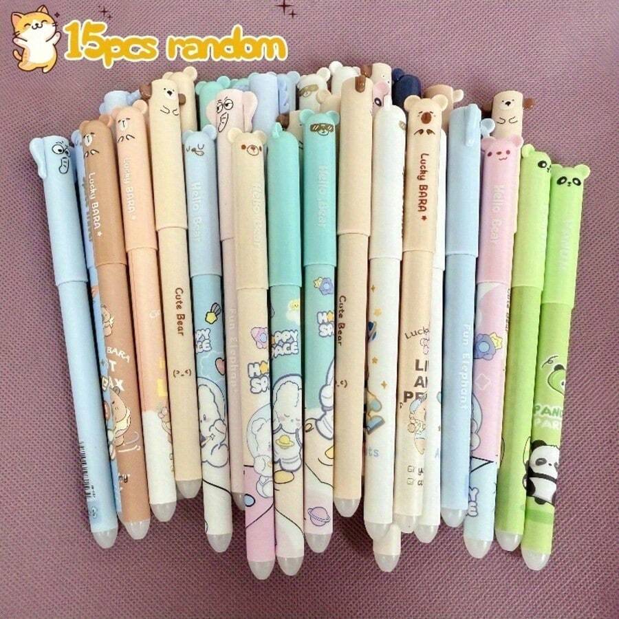 15pcs/Set Erasable Pens, Random Styles, Smooth Writing, Convenient For Rewriting, Suitable For Office, School, Homework, Drafting And Editing, Novelty Design Pens, Multi-Color Pen Set, Diverse Designs, Creative Pen Aesthetics, Durable Erasable Mechanism, For Professionals And Note-Takers - Multicolor - View 1