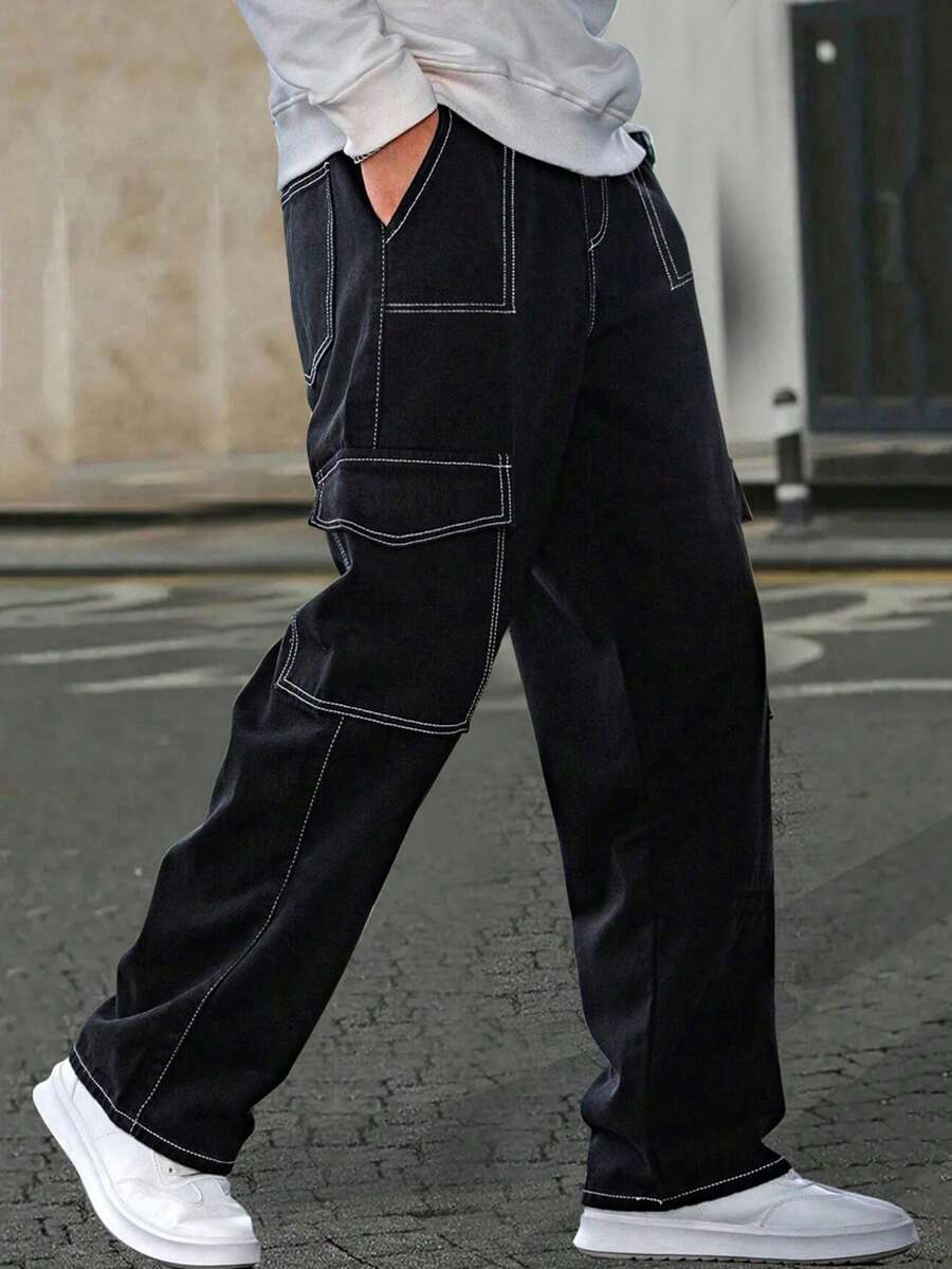 1件大童男孩復古休閒前衛極簡風仿牛仔口袋工裝長褲 春夏秋冬返校穿搭 - 黑色 - 查看 1