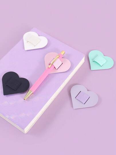 Clipe De Caneta Autoadesivo Fofo Em Formato De Coração (1 Peça) - Porta-Canetas Portátil Em Pu Impermeável, Acessório Para Caderno/Marcador De Páginas Para Casa/Estudo/Leitura/Escola/Escritório, Material De Escritório Para Estudantes/Profissionais