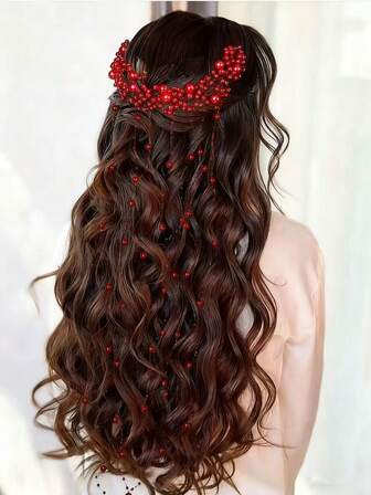 1 Stück handgemachter roter Perlen-Quasten Braut Haarkamm Wellen Haarband, Hochzeit Haaraccessoire, festliches & elegantes Haarornament
