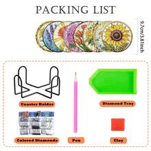 8件套花卉钻石画杯垫套装，闪亮水钻耐热饮料杯垫带支架，DIY杯垫工艺套装（适合初学者），人造钻石艺术工艺材料，礼品 - 彩色 - 查看 2