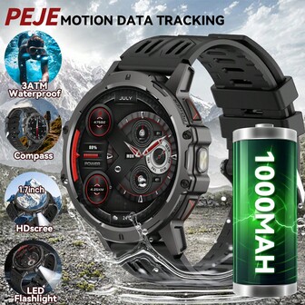 PEJE Smart Watch, 466p AMOLED Display, 3.68cm Screen, 1000mAh Rechargeable Battery, 3ATM Waterproof, Bluetooth 5.3, USB Charging, LED Flashlight, Pedometer, Sports Modes, Compatible With IPhone And Android - Ideal Gift For Men And Women