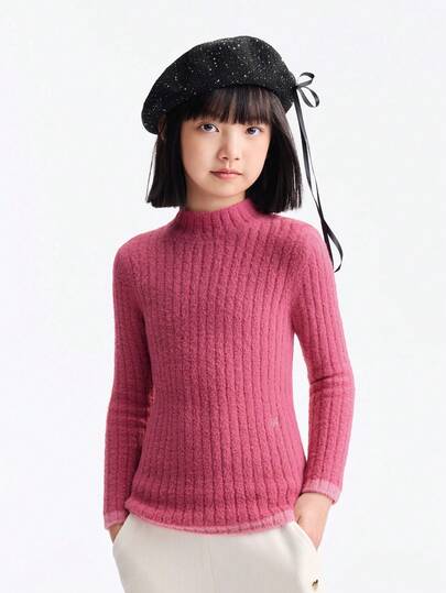 Annil 儿童女童中领套头毛衣，冬季修身款，弹性面料，亲肤材质，撞色设计，甜美针织毛衣