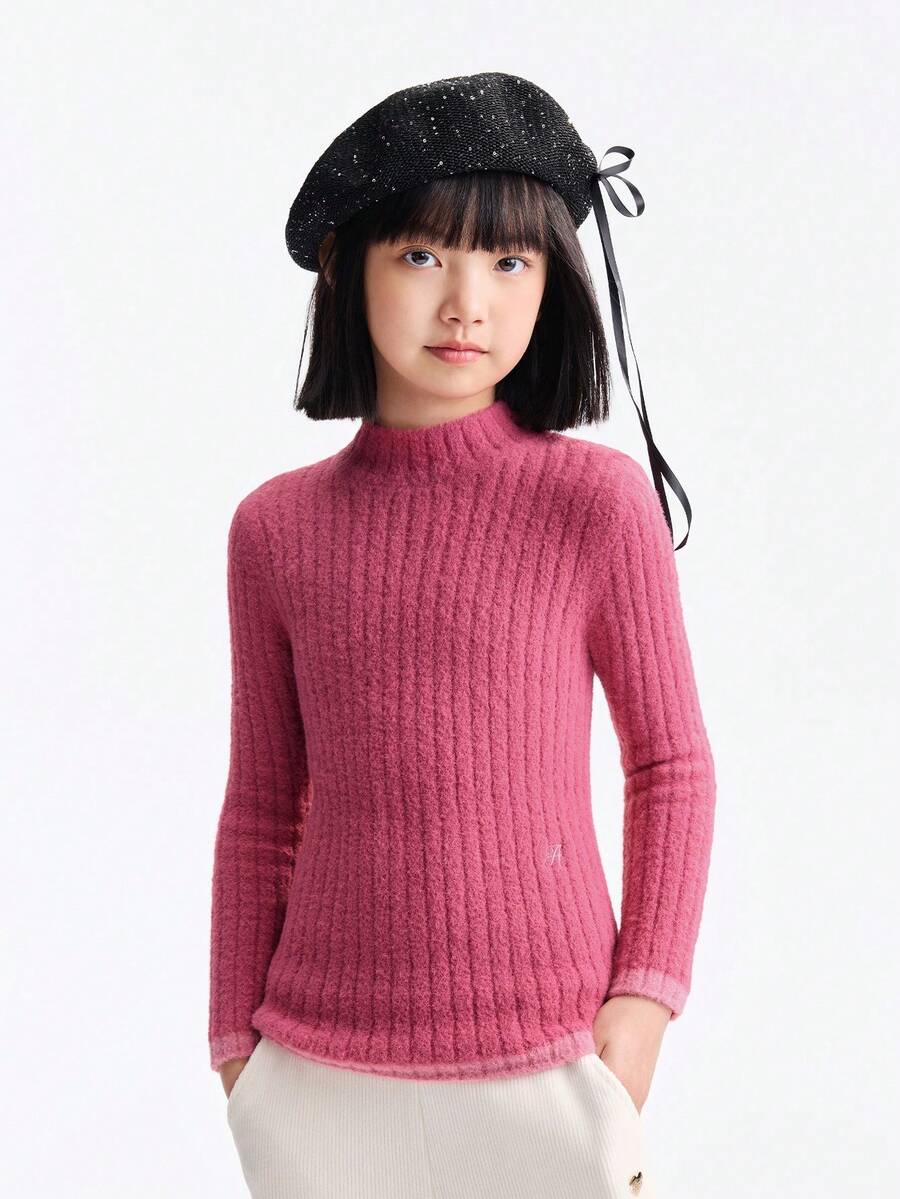 Annil 儿童女童中领套头毛衣，冬季修身款，弹性面料，亲肤材质，撞色设计，甜美针织毛衣