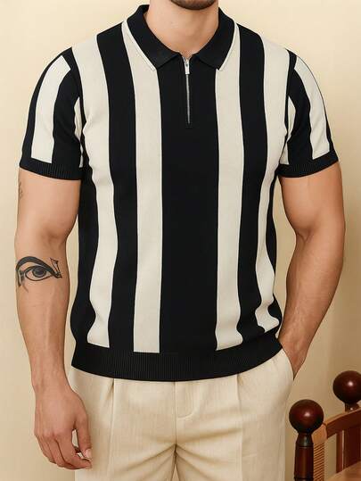 Men's New Money Style Turndown Collar Half-Zip Black & White Vertical Stripe Slim Fit Knitted Polo Shirt
