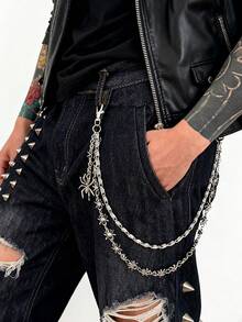 1pc Y2K Dark Style Men's Silver Waist Belt, Personalized Street Punk Waist Chain With Spider Pendant Accessory, Double-Layer Metal Long Pants Chain - Silver - View 3