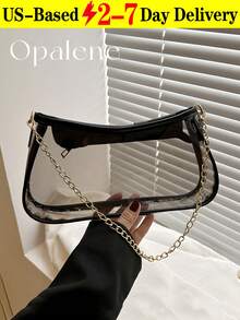 Fashion Contrasting Border Transparent Splicing Vacation Chain Shoulder Bag, Chain Decor Clear Square Bag, Waterproof, Sandproof Transparent Bag, Beach Sports Picnic Snacks Clear Purse For Women, Suitable For Shopping, Young Women, College Students, Newcomers, White-Collar Workers. They Are Very Suitable For Offices, Universities, Work, Business, Commuting, Outdoor Activities, Travel, And Outings - 彩色 - 查看 13