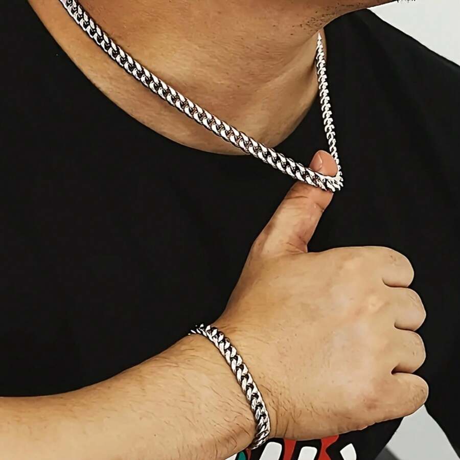 2pcs/Set Men's Necklace, Cuban Link Necklace And Bracelet Set - Heavy Interlocking Chain Design, Durable Polished Necklace, Fashionable Luxury Accessory, Suitable For Holidays And Daily Wear - Great Value