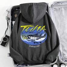1pc Womens TUNA Fish Graphic Hooded Sweatshirt Regular Fit Drawstring Hooded Pullover  Midweight Slightly Stretchy  Comfortable Fleece  Lined Casual Streetwear For Autumn  Winter Everyday Wear - 灰色 - 查看 1