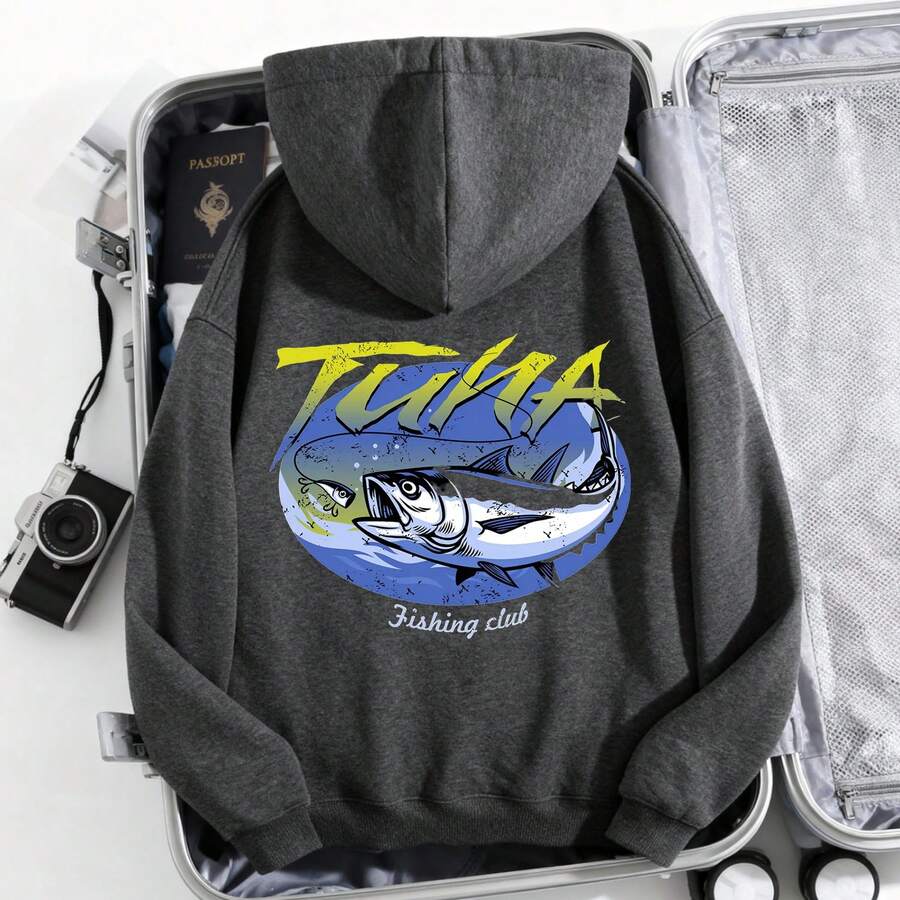 1pc Womens TUNA Fish Graphic Hooded Sweatshirt Regular Fit Drawstring Hooded Pullover Midweight Slightly Stretchy Comfortable Fleece Lined Casual Streetwear For Autumn Winter Everyday Wear - 灰色 - 查看 1