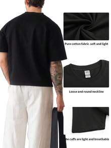 Men's T-Shirt With Body Glove Glove Logo Pattern, Pure Cotton Short Sleeved T-Shirt, Black Loose Fit Top, Comfortable Micro Elastic Round Neck Design Suitable For Daily Leisure And Outdoor Sports, Fashionable And  Dressing - màu đen - Xem 3