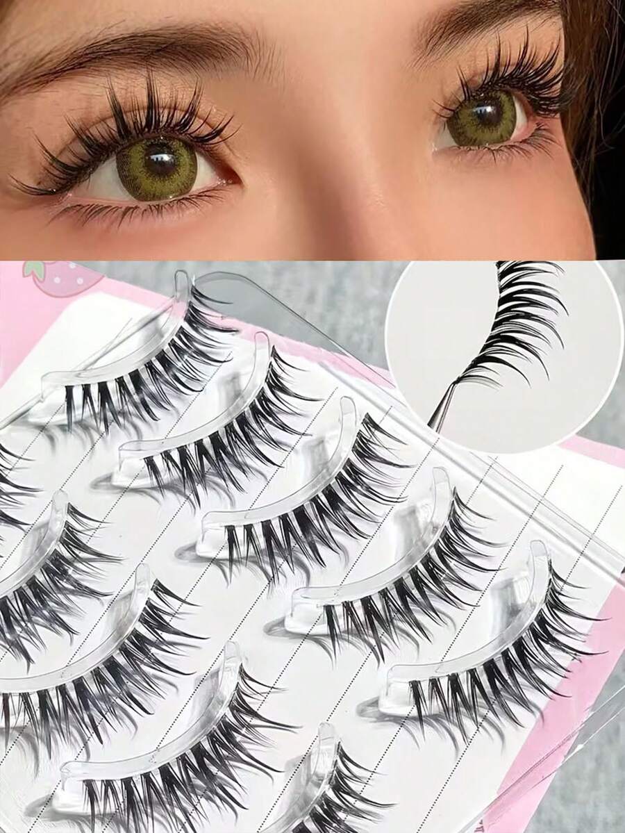 5 perechi de gene false drăguțe și dulci în stil desen animat, efect natural și ochi de pisică, potrivite pentru începători, ușor de purtat, reutilizabile, lungimi mixte 10-15 mm, bucle D și bucle C