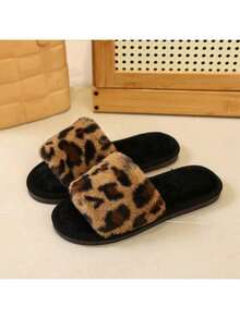 Women's Fur Slippers Autumn And Winter Leopard Print Home Wear Outdoor Flat Non-Slip Lazy Fur Cotton Slippers - 棕色 - 查看 6