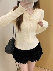 Women's Spring Patchwork 2-In-1 Cable Knit Sweater Red Pullover - Apricot - View 4