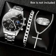 Men's 4pcs Fashion Set: Quartz Watch With Calendar, Silvery Cross Pendant Necklace & Ring Bracelet - Zinc Alloy Band, Non-Waterproof, Analog Display - Bạc - Xem 3