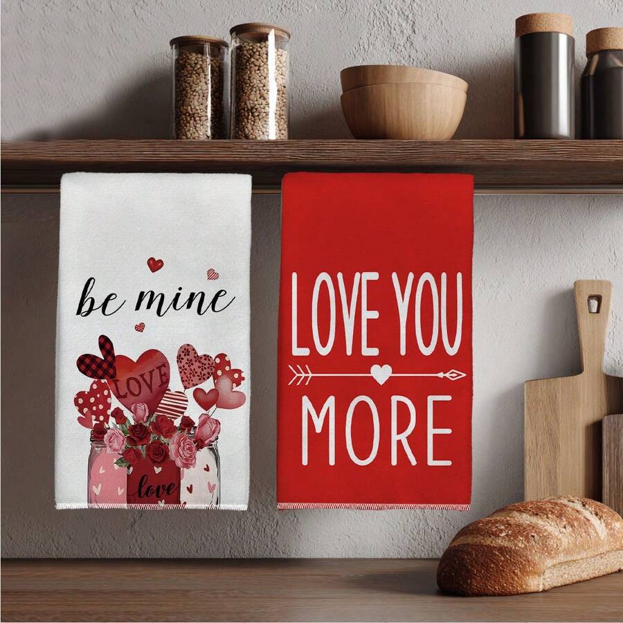 MEMNUN 2pcs Valentine's Day Red Mason Jar "Love You More & Be Mine" Text Pattern Kitchen Towels, 15.75*23.62in(40*60cm), Made Of Super Soft Absorbent Microfiber, Perfect For Dish Drying, Tea Cups, Bathroom & Dining Decor, Cooking & Baking - Multicolor - View 1