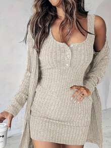 Women's Tank Top With A Round Neckline, Buttoned Front, Brushed Ribbed Mini Dress And Short Jacket