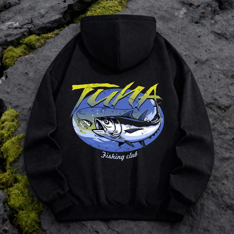 1pc Womens TUNA Fish Graphic Hooded Sweatshirt Regular Fit Drawstring Hooded Pullover Midweight Slightly Stretchy Comfortable Fleece Lined Casual Streetwear For Autumn Winter Everyday Wear - 黑色 - 查看 1