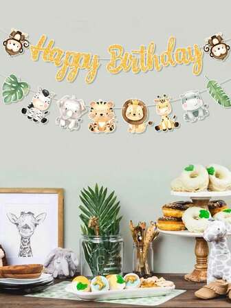 1pc Jungle Animals Birthday Banner Pull Flag With "Happy Birthday", Dinosaur Theme Birthday Party Room Wall Background Decoration Supplies, Jungle Animals Style Party Favor, Birthday Gift, Birthday Decor, Home Decor Wall Decor, Jungle Animals Decor, Cartoon Lion Tiger Pattern Banner