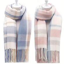 1PC Women's Autumn And Winter New Collection: Fresh And Elegant Imitation Checkered Tassel National Scarf, Fashionable And Versatile Warm Scarf, Suitable For Keeping Warm In Autumn And Winter. This Elegant, Beautiful And Romantic Scarf Can Be Used As A Christmas, New Year And Spring Festival Gift For Family, Loved Ones And Friends. - Blue white - 查看 7