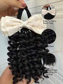 1 pieza Extensión de cabello con cola de caballo de 8 pulgadas [Cola de caballo rizada + Lazo de cinta beige/azul/morado/rosa] Pelucas y extensiones sintéticas de cola de caballo con lazo elástico para niños y mujeres, adecuadas para uso diario, regalos de Navidad, pelucas y accesorios de graduación - Negro natural - Ver 5