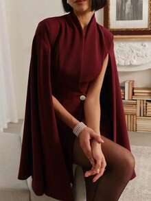 1 Áo khoác vải dệt trơn màu cài nút dành cho nữ, thích hợp cho những dịp trang trọng vào mùa xuân, mùa thu và mùa đông - Đỏ - Xem 2
