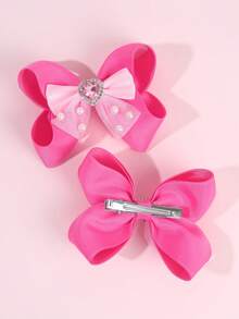 2个情人节红色/粉色发夹，心形水钻珍珠发夹，缎带鳄鱼夹，适合女孩和青少年佩戴，可爱优雅的日常、度假、节日和派对配饰 - 彩色 - 查看 6