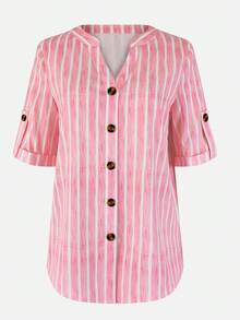 条纹纽扣前开襟休闲衬衫，居家、办公、日常穿着皆宜 - 粉色 - 查看 2