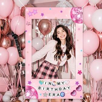 Rosa Grattis på födelsedagen elegant söt temafest fotoram banner bakgrund, (70,87*35,43/47,24x23,62 tum) Stjärna, hjärta, discomönster fotorekvisita för flickors födelsedagstemafestdekorationer, lämplig för födelsedag, alla hjärtans dag - 2D platt dekor fotorekvisita för flickors födelsedagstemafest