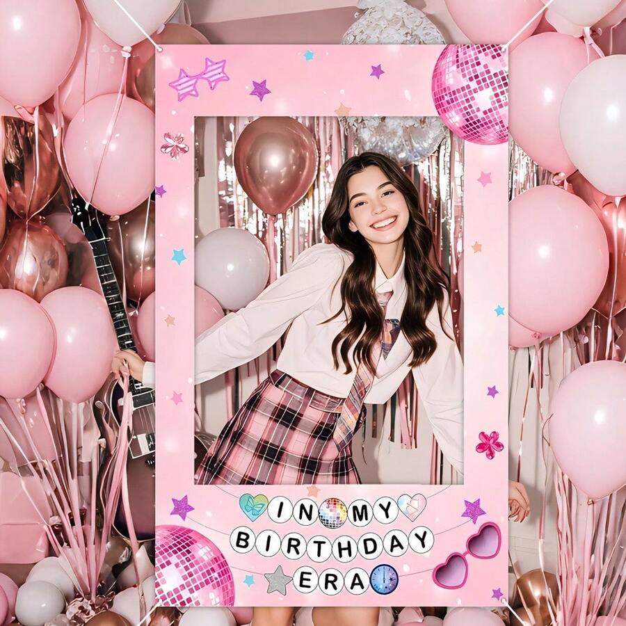 粉色生日快乐优雅甜美主题派对相框横幅背景,(70.87*35.43英寸/47.24x23.62英寸)星星、爱心、迪斯科图案摄影道具,适合女孩生日主题派对装饰,也适用于生日、情人节 - 女孩生日主题派对2D平面装饰摄影道具 - 彩色 - 查看 1