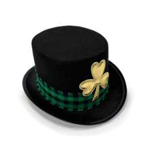 Irish Leprechaun Top Hat For Women Men Shamrock Black Band/Plaid Band Costume Accessory Cap - Black - View 5