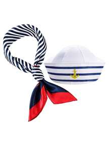 2件套：水手帽、围巾、时尚眼镜，男女通用游艇船长服装，水手角色扮演派对（条纹帽颜色随机） - 彩色 - 查看 7