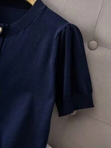 Blusa de punto acanalado con botones y mangas abullonadas, estilo universitario casual de unicolor - azul real - Ver 5