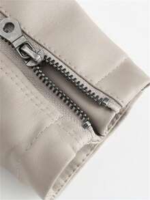 女士修身仿皮夹克，薄款机车夹克，立领，春秋季外套 - 米色 - 查看 8