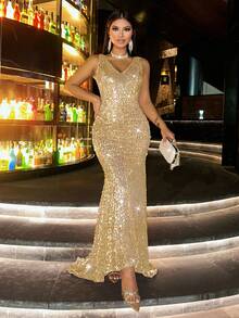 CHOSMO Plus Size Sequin Backless Elegant Formal Dress, Suitable For Prom, Wedding, Birthday Party, Anniversary, Graduation, Music Festival, Cocktail Party, Formal Dinner, Photo Shoot, Prom, Travel, Stage Performance Spring - Gold - View 3