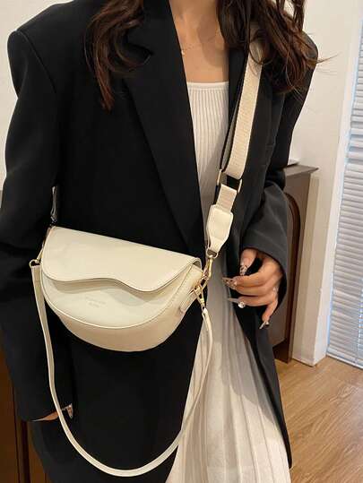 Kadınlar için Retro Düz Renk Sele Çanta, Geniş Askılı Çapraz Çanta, PU Deri Omuz Çantası