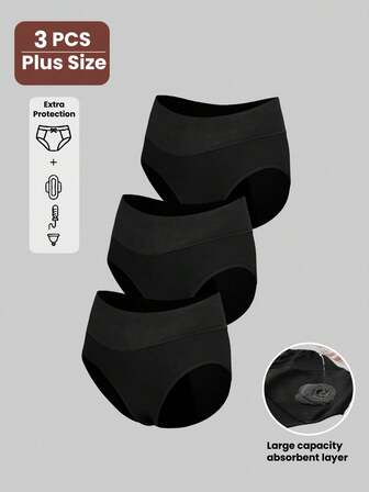 3 piezas Bragas de talla grande para mujeres con cintura alta y a prueba de fugas para el período menstrual, ropa interior básica de unicolor suave y cómoda con diseño triangular