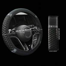 6件套PU皮革镶钻汽车方向盘套、换挡杆套、扶手套、扶手套 - 均碼 - 查看 5