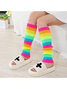 1pc Women's Neon Striped Mid-Calf Plush Socks - Y2K JK Style Colorful Warm Boot Socks, Suitable For Winter Casual Wear And Theme Parties, Cute And Comfortable Style - Nhiều màu - Xem 2